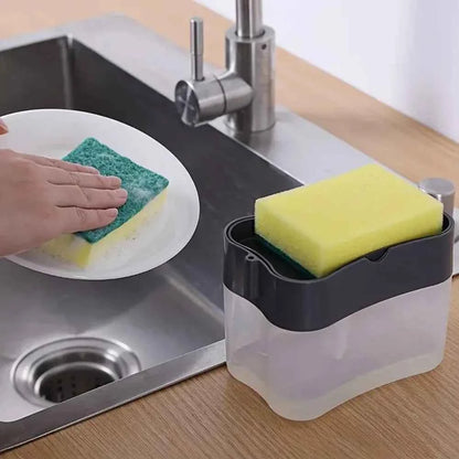Elegant Silver Dish Soap Dispenser with Sponge Holder, Manual Plastic Kitchen Sink Organizer for Home Hotel