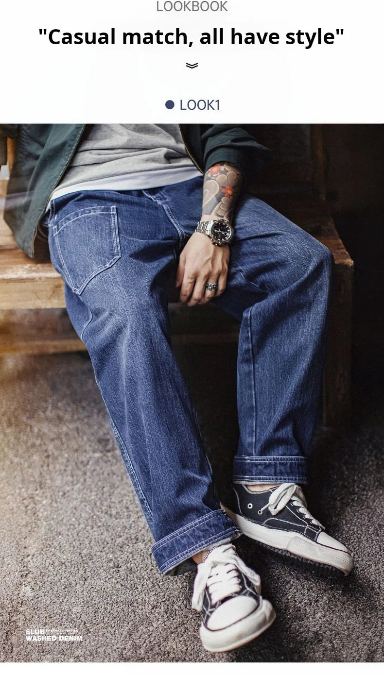 Maden 15oz Slub Cotton Denim Jeans Vintage Men's Washed Blue Straight Tapered Trousers Pants with Pockets for Men Autumn Winter