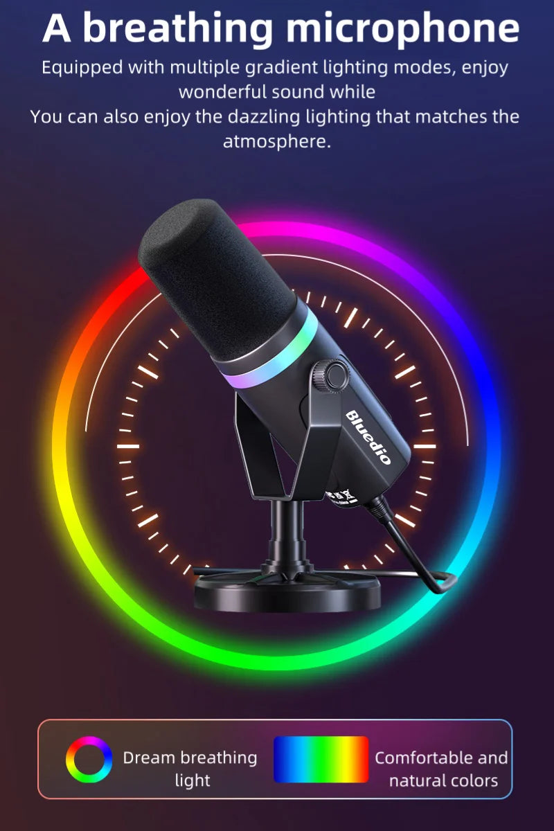 Bluedio S3000 Microphone - USB/XLR Dynamic Mic for Gaming, Streaming, and PS5/4 with Headphone Jack, RGB, and Mute Function