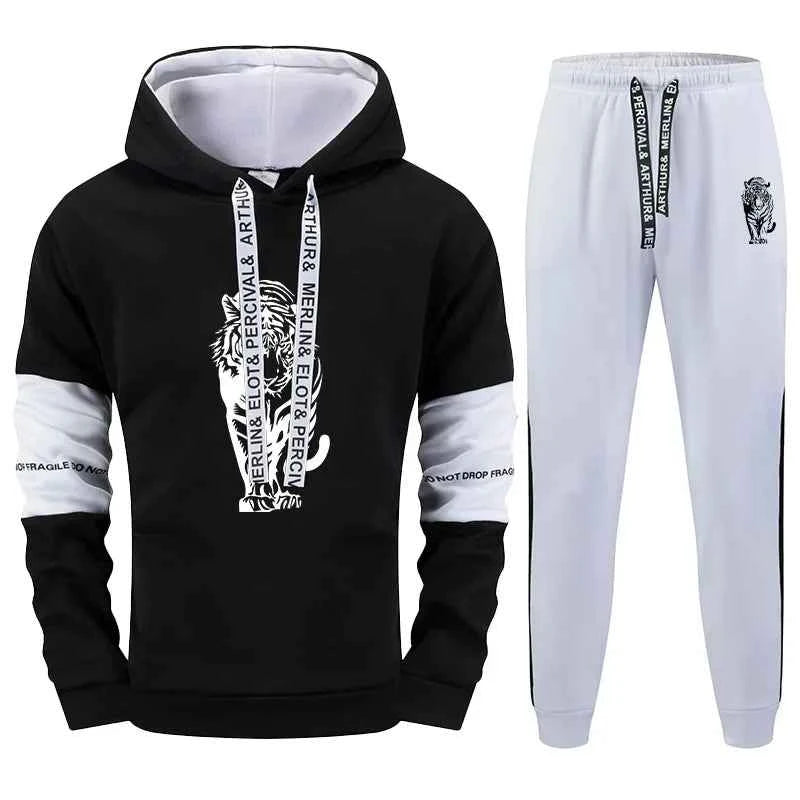 Tiger Printed Men's Tracksuit - Black White Mix Hoodies and Sweatpants for Urban Fashion Casual Outfits