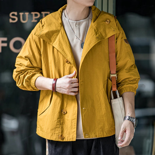 Maden Vintage Solid Color Thin Hooded Jacket Outdoor Loose Single-Breasted Coat Men's All-Match Outerwear for Autumn and Winter