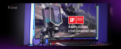 FIFINE USB gaming microphone on a desk, featuring a sleek black design, adjustable stand, and built-in volume controls for streaming.