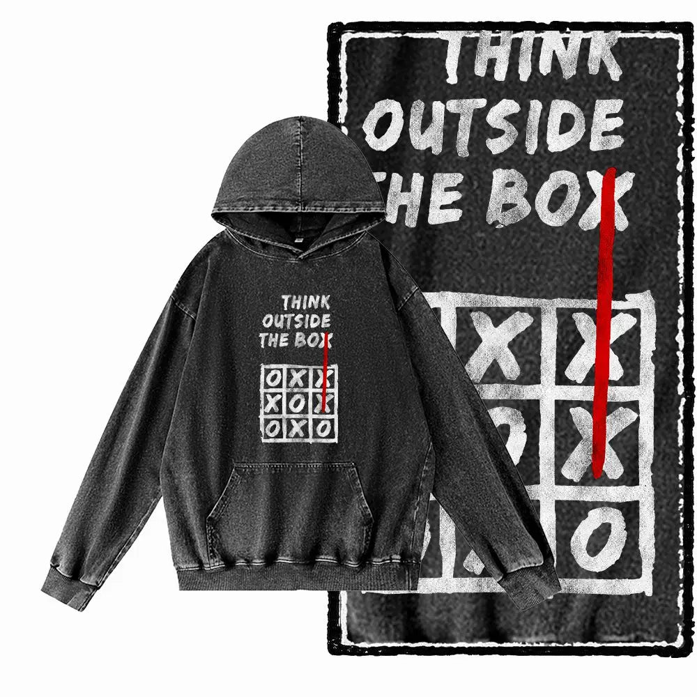 Think Outside the Box Acid-Washed Black Graphic Hoodie