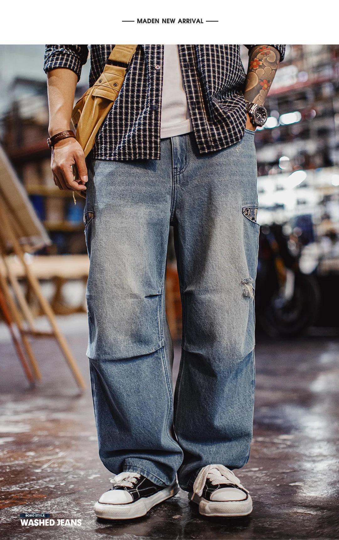 Maden Men‘s Vintage Boro Patchwork Parachute Jeans