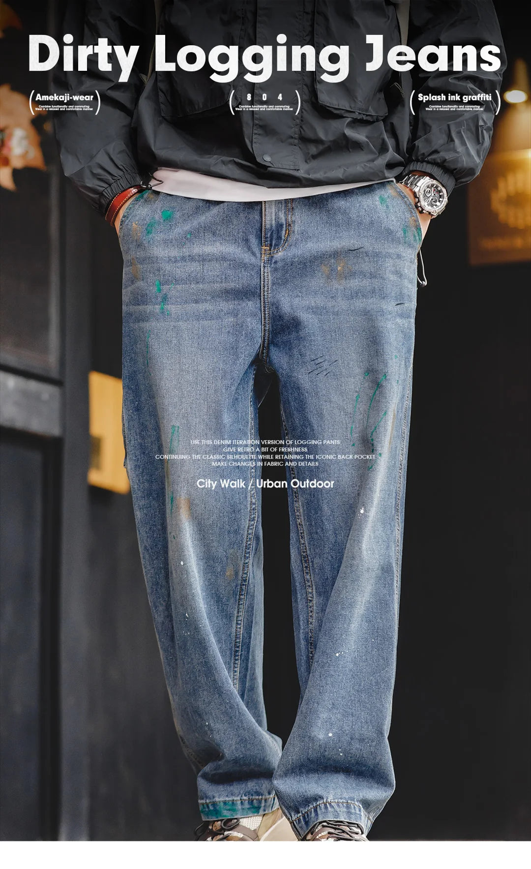 Maden Light Blue Splash-ink Graffiti Jeans