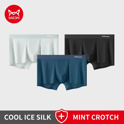 MiiOW Silky Ice Silk Men's Underwear - 3Pcs Antibacterial Seamless Breathable Boxers