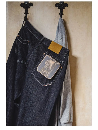 Maden Men's Vintage 12oz Washed Denim Jeans Straight Wide Leg Blue Trousers Loose Fit Zip Fly Casual Pants for Fall and Winter