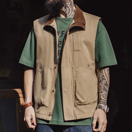 Maden Men's Vintage Corduroy Safari Vest 100% Cotton Khaki Patchwork Vest Casual Zipper Front Sleeveless Jacket for Spring/Fall