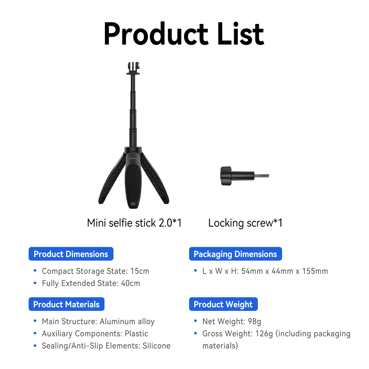 TELESIN Mini Quick Release Selfie Stick