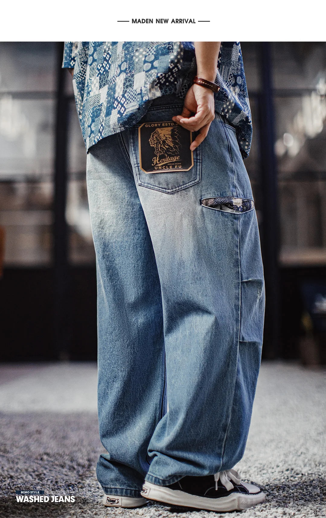 Maden Men‘s Vintage Boro Patchwork Parachute Jeans