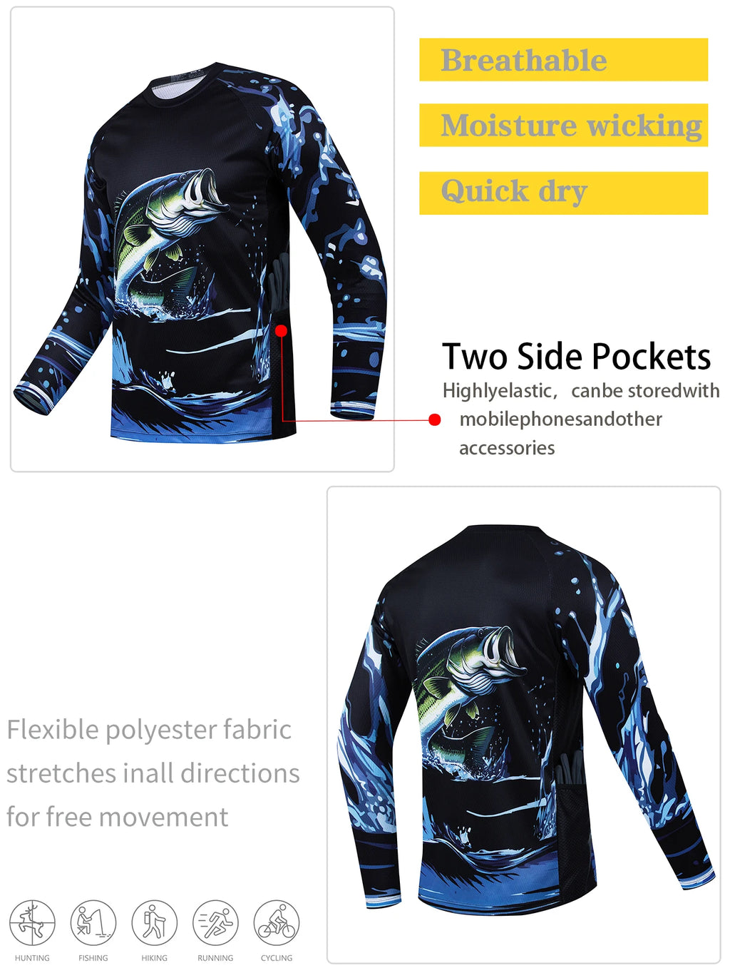 Fishing shirt with long sleeves and a fish design, featuring text on features and specifications.