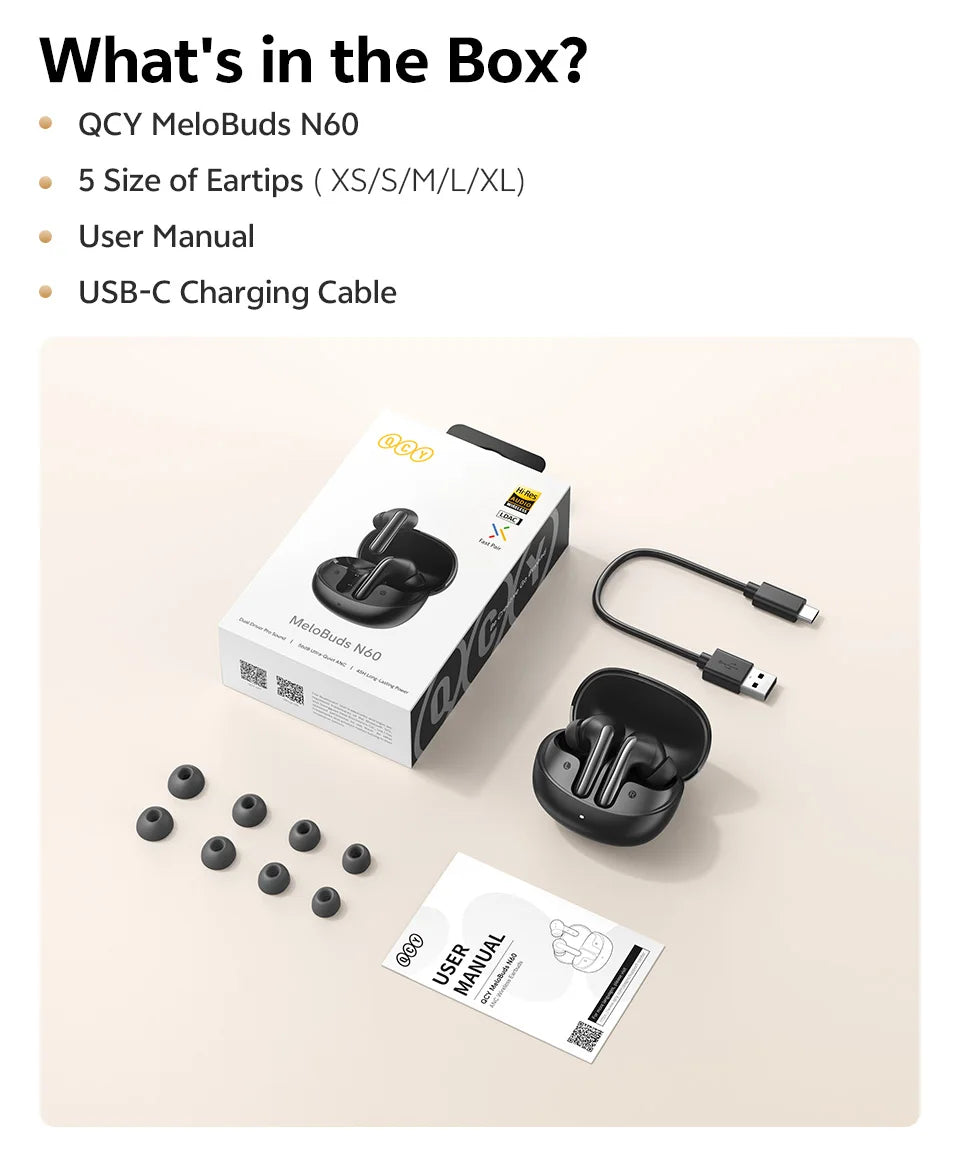 QCY MeloBuds N60 Wireless Earphone - Bluetooth 6.0, Bass Boost, Hi-Res Audio, Hybrid ANC, 45Hrs Playback - ShopHub