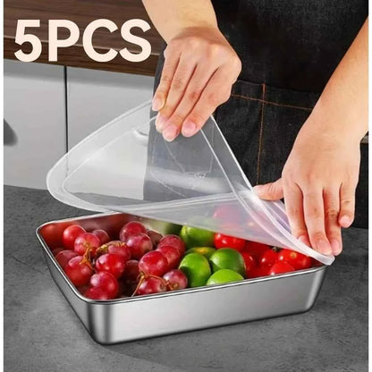 5Pcs Thickened Stainless Steel Food Containers, Kitchens Accessories, Fit Knives Inside, Stackable Kitchen Storage, Fridge