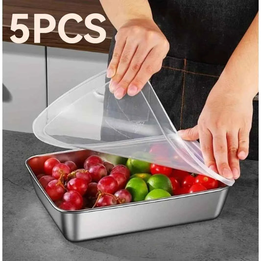 5Pcs Thickened Stainless Steel Food Containers, Kitchens Accessories, Fit Knives Inside, Stackable Kitchen Storage, Fridge