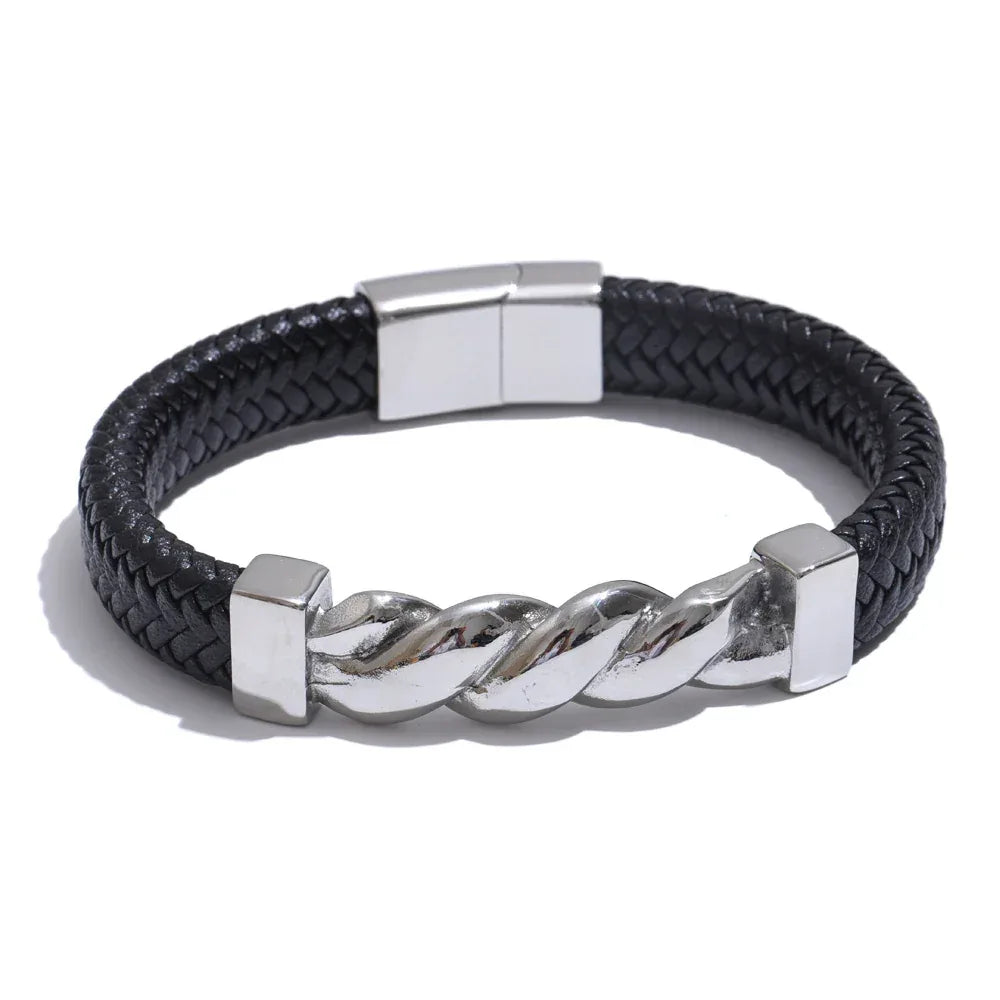 65mm Leather Metal Twisted Chain Handmade Wide Bracelet Bangle - ShopHub