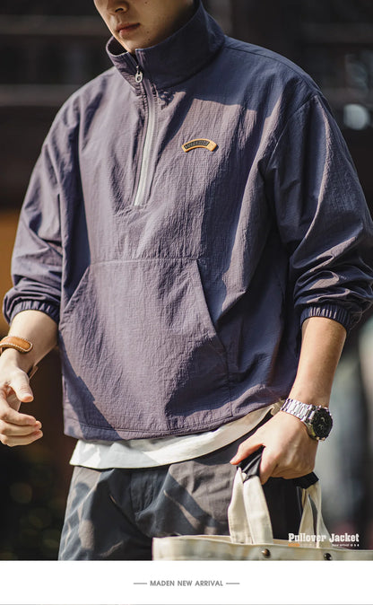 Maden Vintage Half-Zip Stand Collar Pullover Jacket Cityboy Outdoor Hoodie Men Spring Casual Sweatshirt Sporty Urban Streetwear