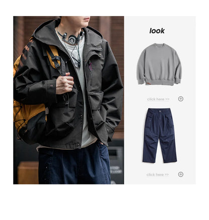 Maden Casual Multi-Pocket Functional Hooded Jacket Black Loose Outdoor Sports Coat for Men's Spring and Autumn Versatile Jacket