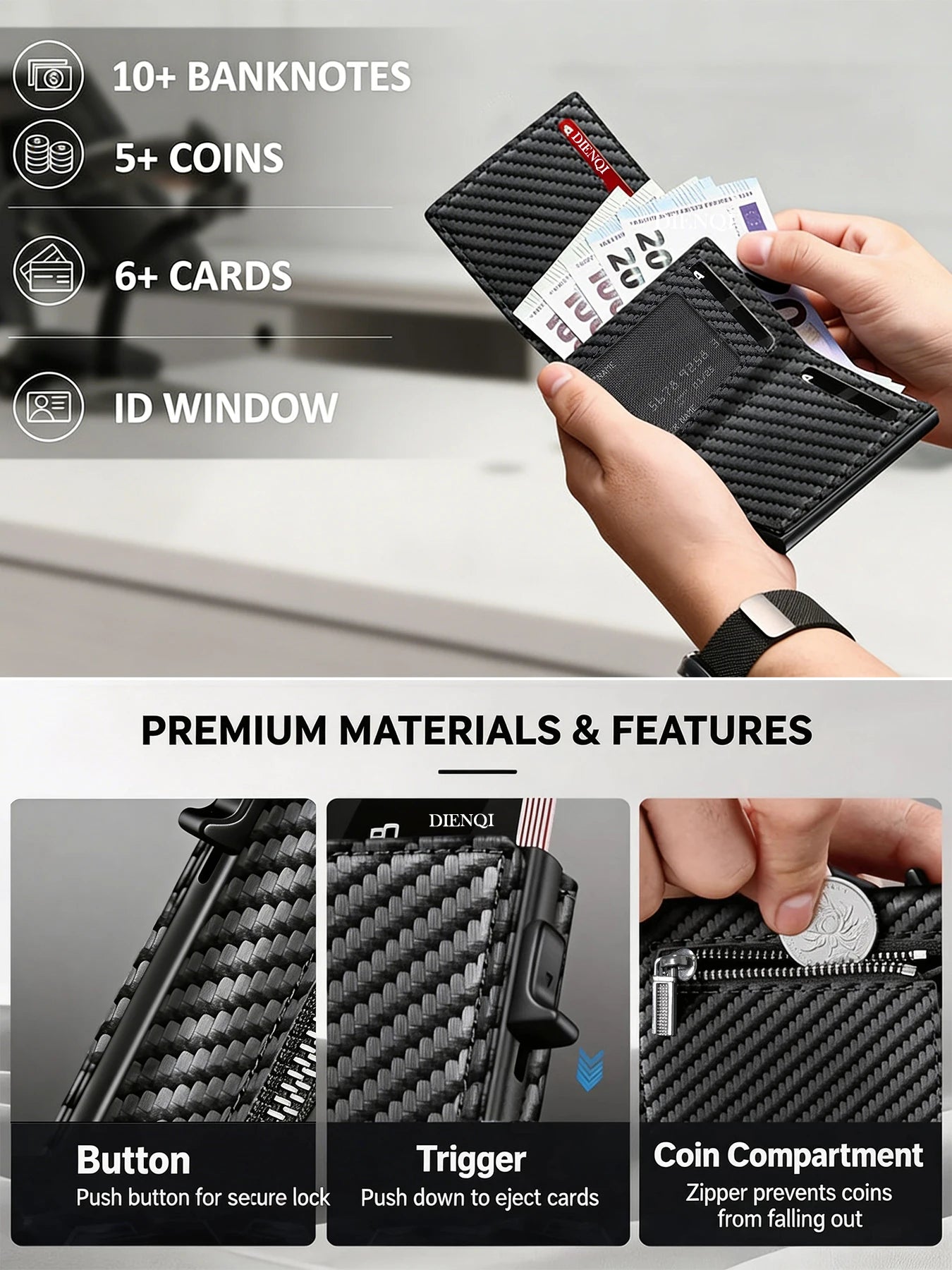 DIENQI Magnetic RFID Wallet – Carbon Fiber Design