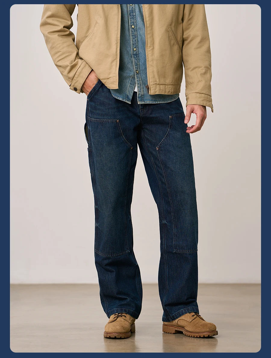 SIMWOOD High Standard 2026 Autumn Winter New 13.5oz Heavyweight Vintage Wash Carpenter Jeans Men Cargo Denim Pants