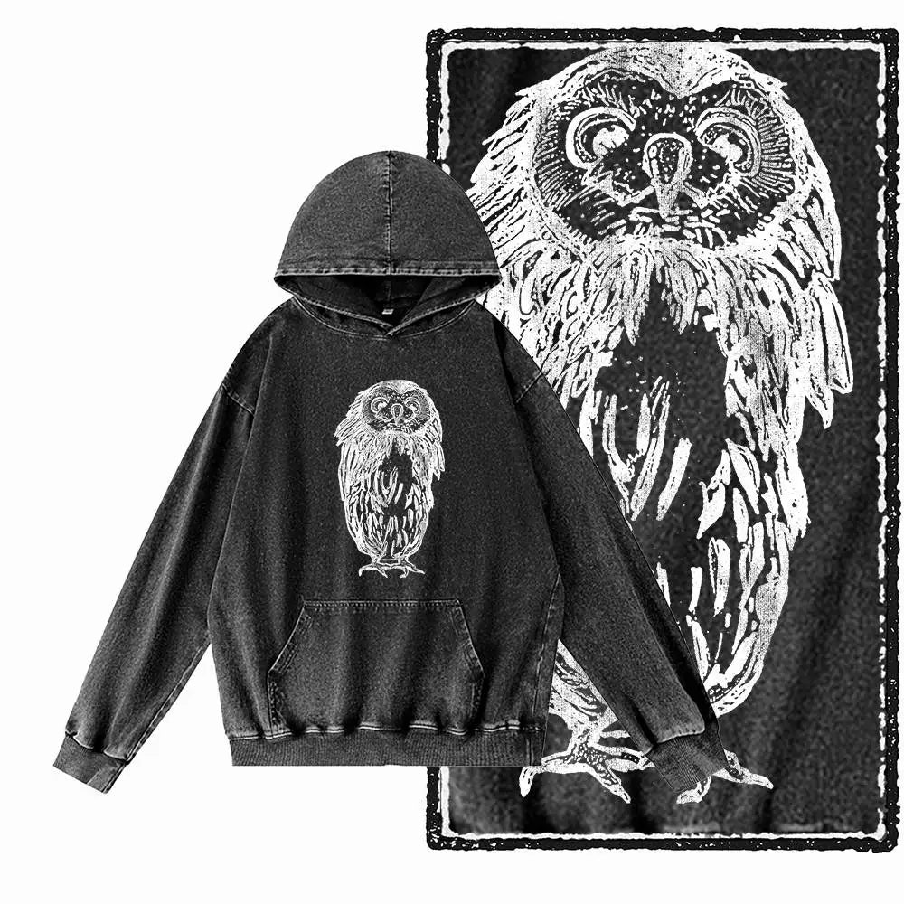 Vintage Owl Graphic Acid-Washed Black Hoodie