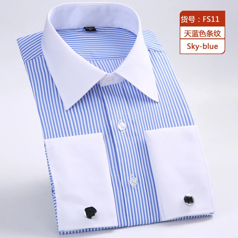 Quality Gentle Formal Men's Dress Shirt with French Cuff, Long Sleeve Solid & Striped Styles, Plus Size & Cufflinks Included