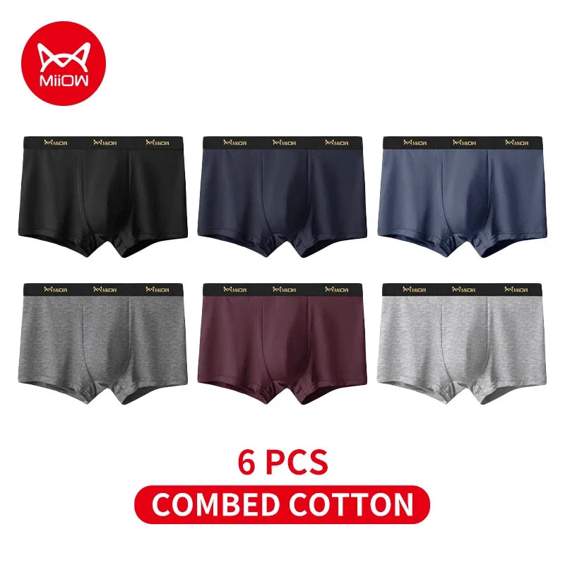 MiiOW 6Pcs Men's Cotton Underwear - Soft Antibacterial Breathable Boxer Briefs with Cotton Crotch