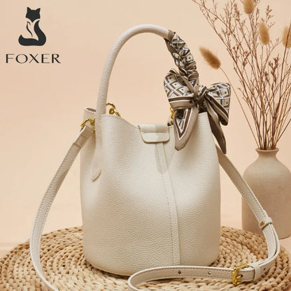 FOXER Women Shoulder Bag Crossbody Handbag Lady Genuine Leather+ Microfiber Fashion Bucket Bag Gift for Lover