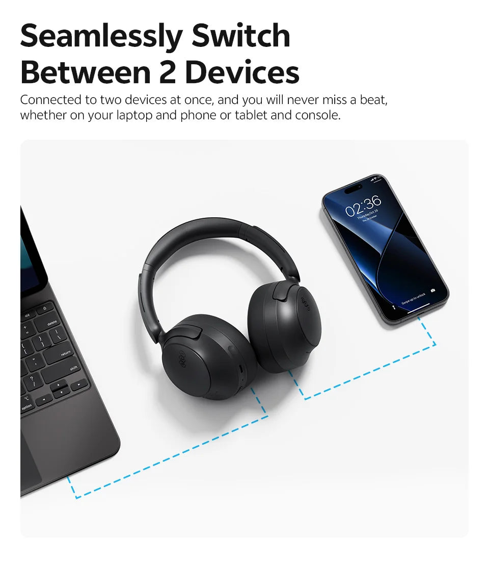 QCY Wireless Bluetooth Headphones 6.0 BH25H3SA - 3D Spatial Audio, Foldable Over Ear Headset with 56dB Adaptive ANC and 53mm Driver - ShopHub