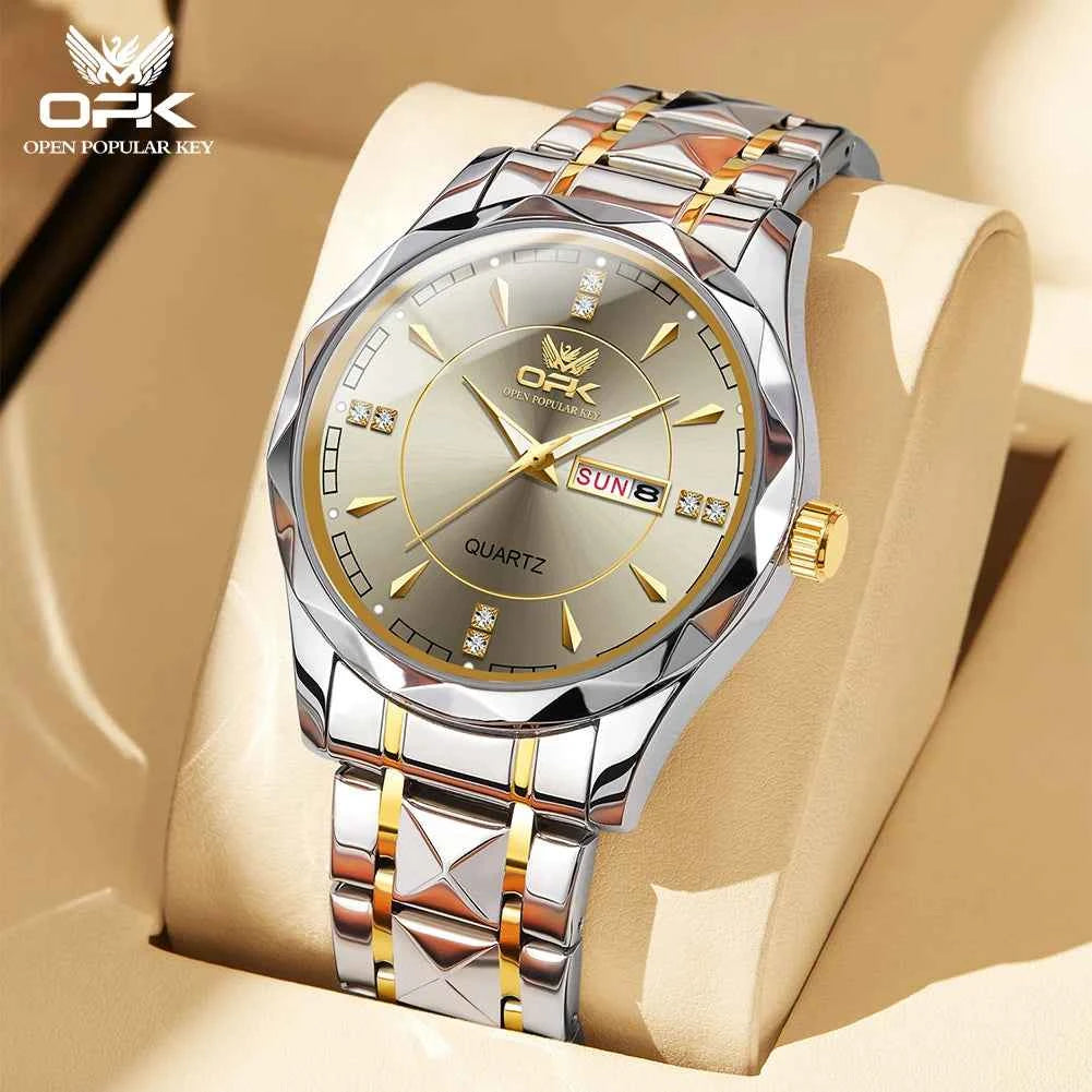 OPK 8151 Unisex Quartz Watch Waterproof Luminous Stainless Steel Automatic Date Dual Calendar Design