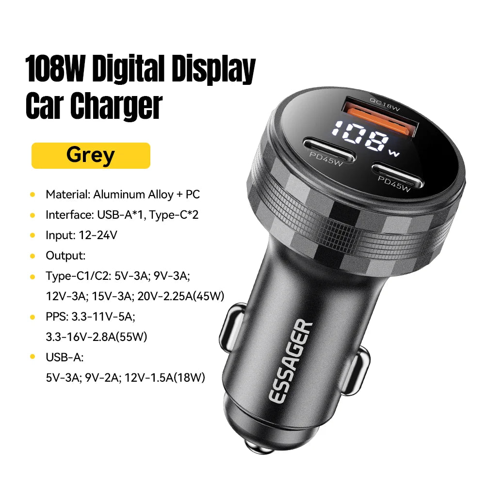 Essager 108W 3-Port USB Car Charger with Digital Display