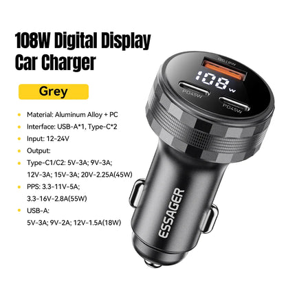Essager 108W 3-Port USB Car Charger with Digital Display