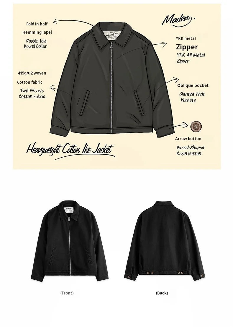 Maden Men's Vintage Ike Jacket Heavyweight Black Cotton Zip-Up Coat Lapel Collar Casual Outdoor Mountain Jacket for Spring Fall