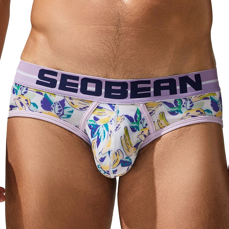 SEOBEAN Men's Printed Briefs Comfortable Breathable Underwear with U Convex Pouch Stylish Triangle Design