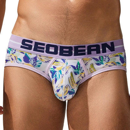 SEOBEAN Men's Printed Briefs Comfortable Breathable Underwear with U Convex Pouch Stylish Triangle Design