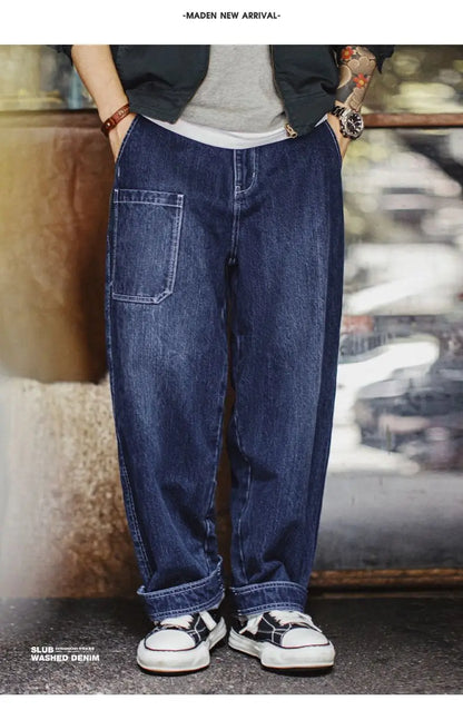 Maden 15oz Slub Cotton Denim Jeans Vintage Men's Washed Blue Straight Tapered Trousers Pants with Pockets for Men Autumn Winter