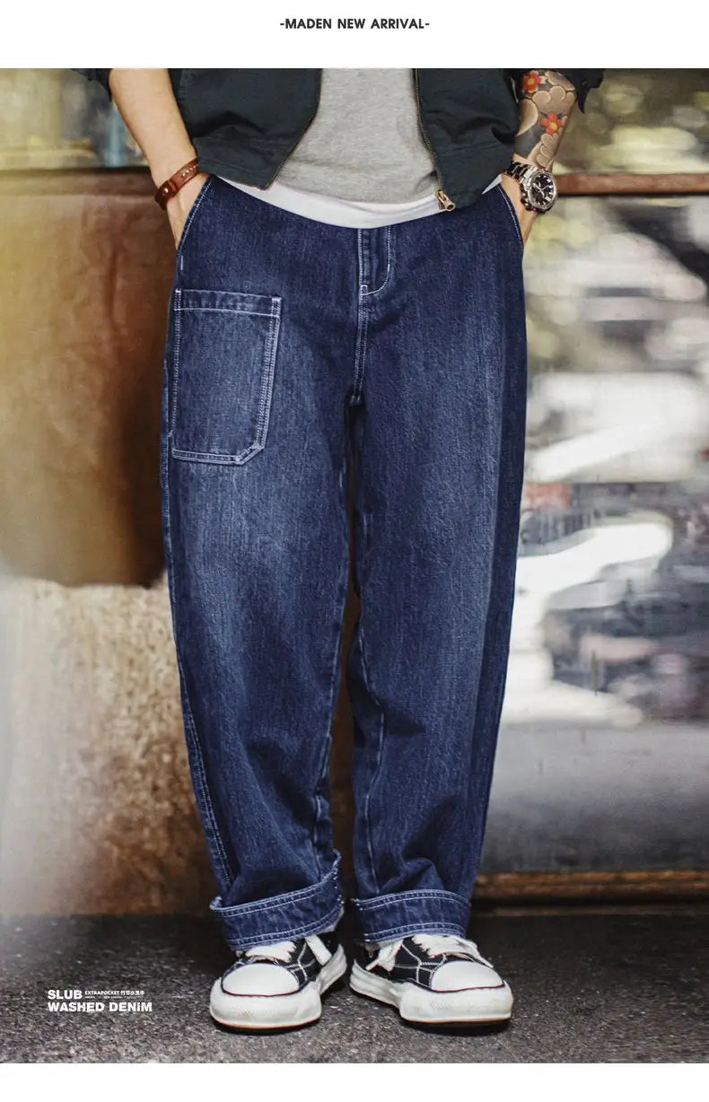 Maden 15oz Slub Cotton Denim Jeans Vintage Men's Washed Blue Straight Tapered Trousers Pants with Pockets for Men Autumn Winter