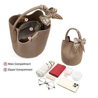 FOXER Women Shoulder Bag Crossbody Handbag Lady Genuine Leather+ Microfiber Fashion Bucket Bag Gift for Lover