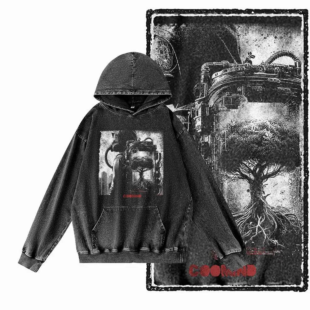 COOLMIND G24 Acid-Washed Black Graphic Hoodie