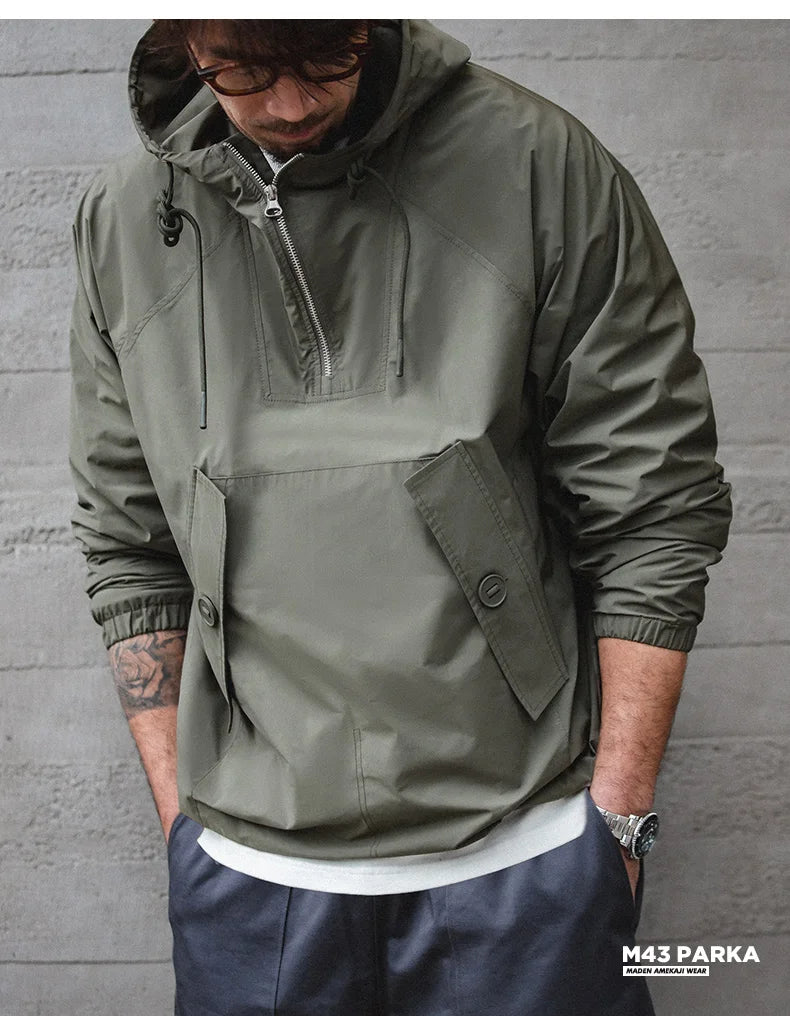 Maden M43 Parka Dark Green Deck Coat for Men Spring and Autumn Solid Color Hooded Sweatshirt Male Urban Outdoor Loose Jacket