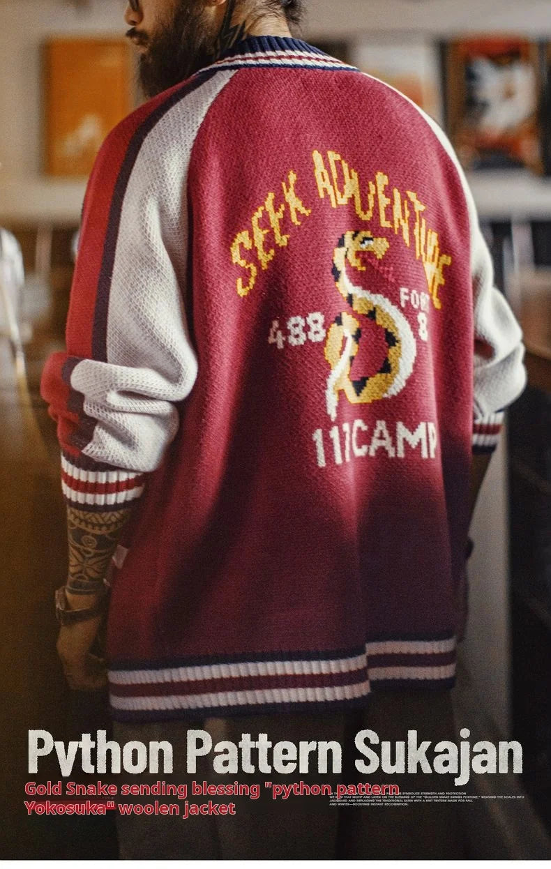 Maden Vintage Yokosuka Embroidered Jacket Men's Jacquard Knitted Cardigan Thickened Warm Zippered Baseball Coat for Fall Winter
