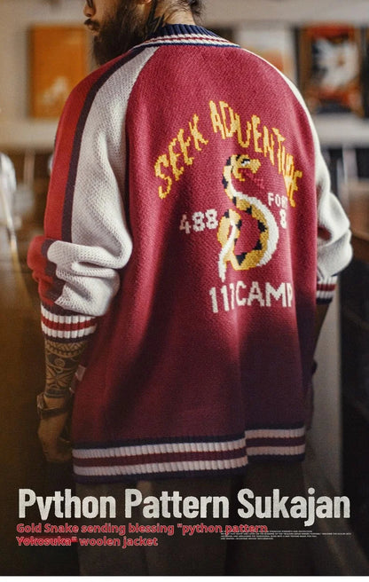 Maden Vintage Yokosuka Embroidered Jacket Men's Jacquard Knitted Cardigan Thickened Warm Zippered Baseball Coat for Fall Winter