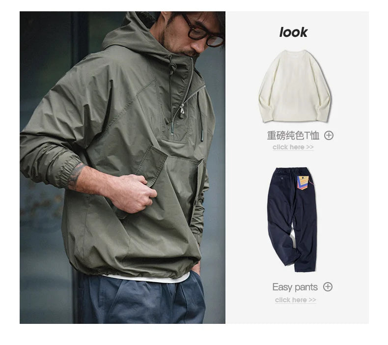 Maden M43 Parka Dark Green Deck Coat for Men Spring and Autumn Solid Color Hooded Sweatshirt Male Urban Outdoor Loose Jacket