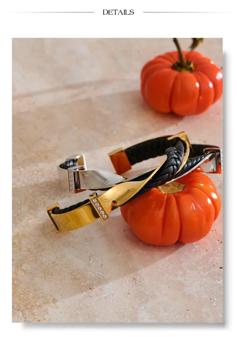 68mm Black Leather Stainless Steel Twisted Cuff Bracelet - ShopHub