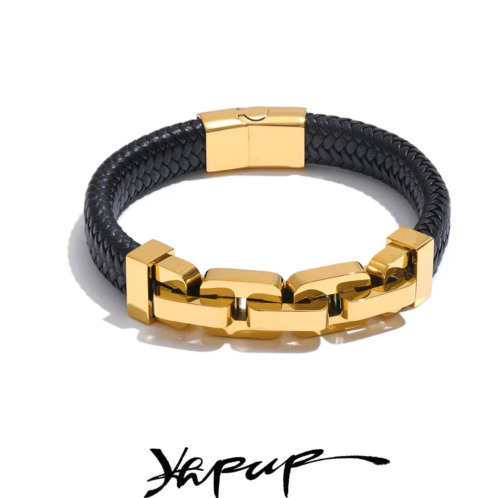 18K PVD Plated Stainless Steel Metal Chain Leather Handmade Men's Bracelet Bangle - ShopHub