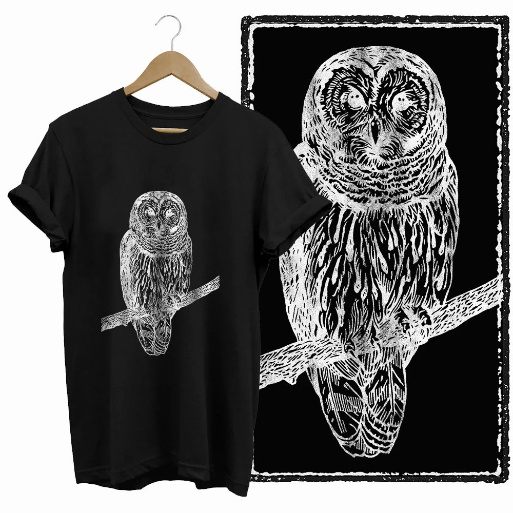 COOLMIND Black Owl Graphic Cotton T-Shirt | Women's Relaxed Fit