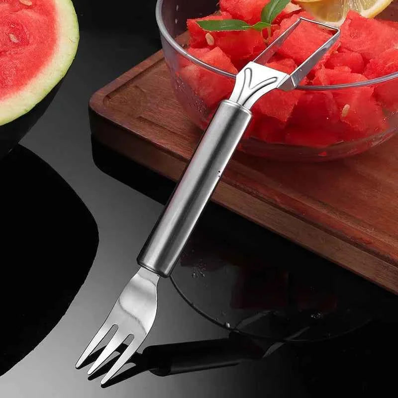 Stainless Steel Watermelon Cutter Tool, Dual Head Fruit Slicer for Melon & Fruits, Multi-Function Pulp Scooper Kitchen Gadget