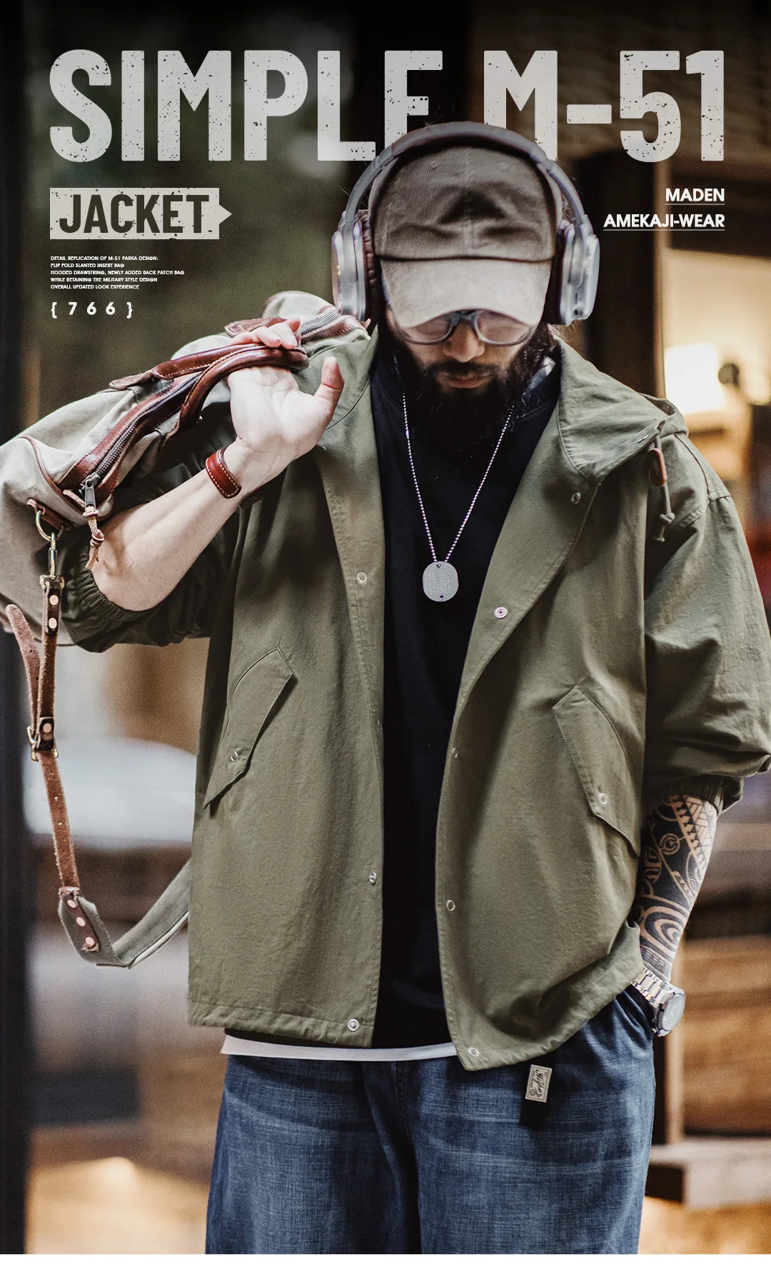 Maden Vintage Green M51 Hooded Jacket Loose Fishtail Short Overcoat Men's Versatile Outwear with Pockets Hidden Button Placket