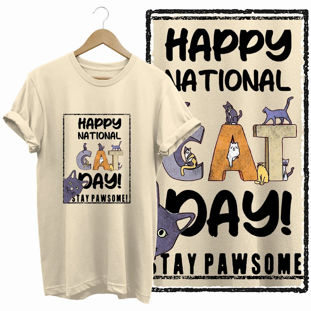 COOLMIND Beige Cat Graphic T-Shirt | Women's Relaxed Fit