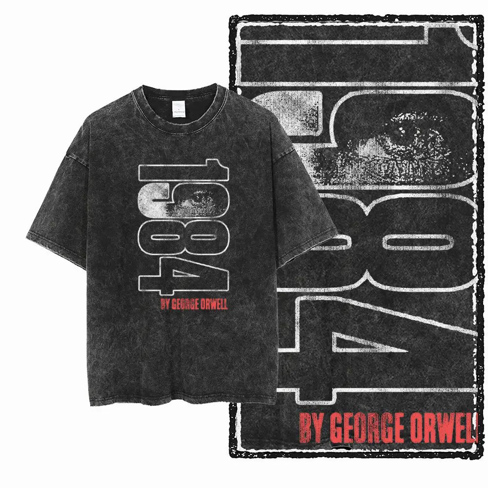 G02 Exclusive 100% Cotton Big Size 1984 Graphic Men T-shirt | Acid Washed Streetwear Cool Vintage O-neck Men's Tee Tshirt