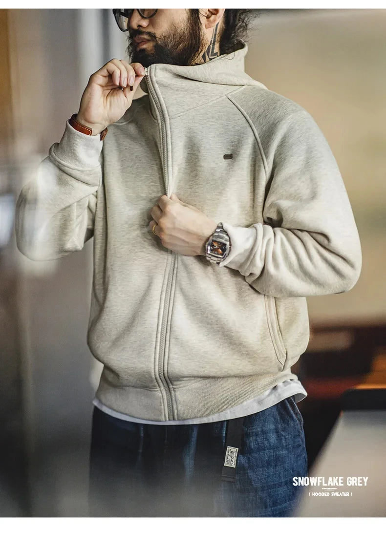 Maden Gray Hooded Sweatshirt for Men Polar Fleece Lining Thickened Warm Zippered Sports Cardigan Autumn and Winter Outer Jacket